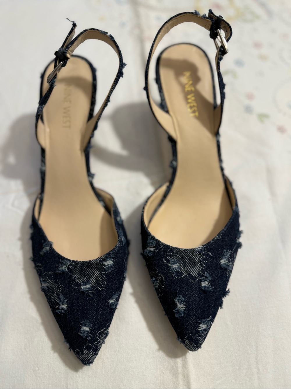 Nine West Navy Distressed Denim Pointed Slingback Heels